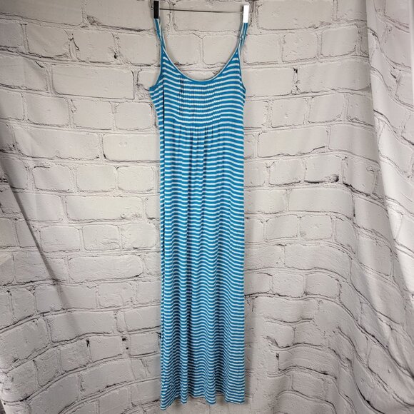 Calvin Klein Maxi Dress Womens 10 Blue Stripe Spaghetti‎ Strap Jersey Stretch - Picture 1 of 6